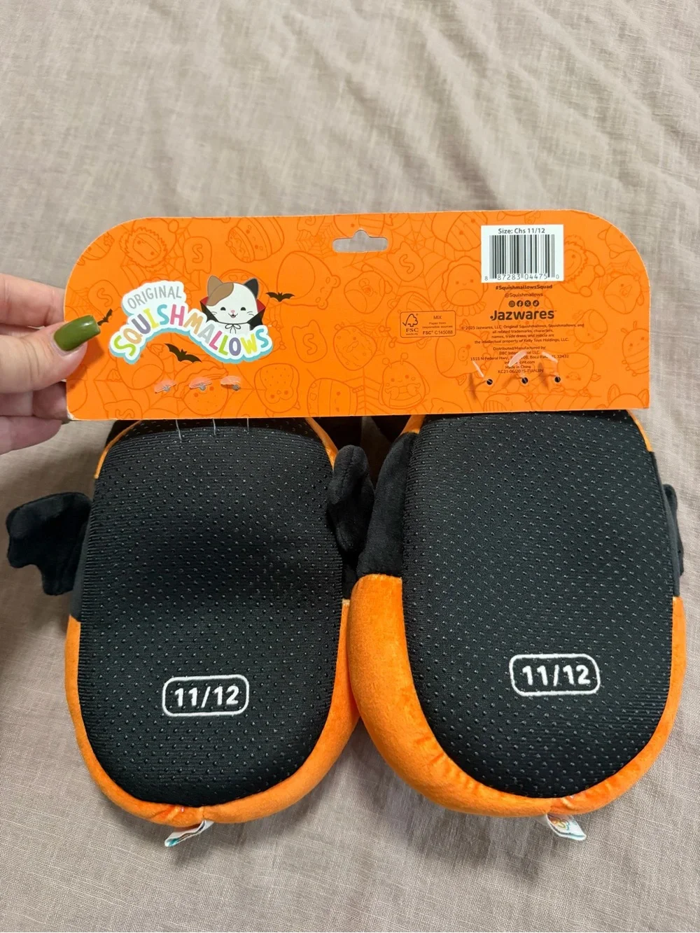 NWT Halloween Pumpkin Bat Squishmallows Kid Slippers Orange & Black Size 11/12